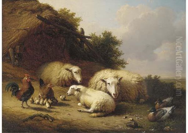 Sheep, Ducks And Chickens In A Landscape Oil Painting by Eugene Joseph Verboeckhoven