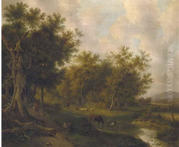 Animals Watering In A Wooded Lake Landscape Oil Painting by Eugene Joseph Verboeckhoven