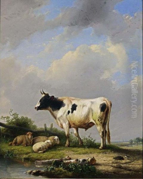 A Bull And Sheep In A Meadow Oil Painting by Eugene Joseph Verboeckhoven