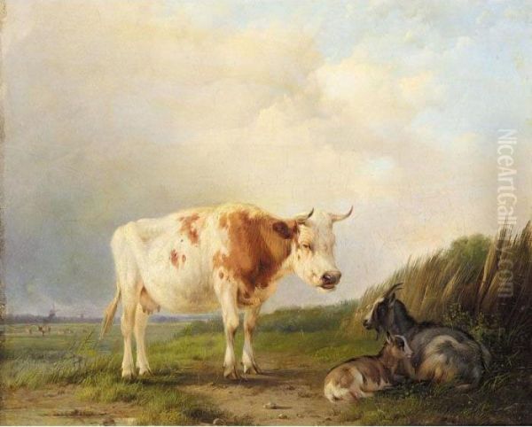 A Cow And Goats In A Field Oil Painting by Eugene Joseph Verboeckhoven