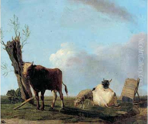 Jeune Taureau, Vache Et Mouton Aupres D'un Saule Creux. Oil Painting by Eugene Joseph Verboeckhoven