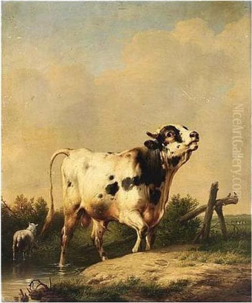 A Bull And Sheep In A Landscape Oil Painting by Eugene Joseph Verboeckhoven