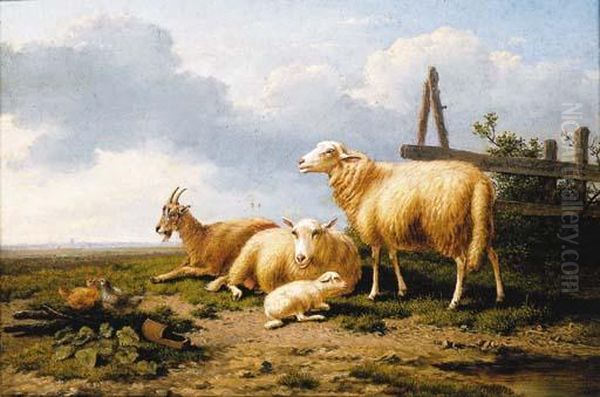 Sheep, A Goat And Chickens In A Landscape Oil Painting by Eugene Joseph Verboeckhoven