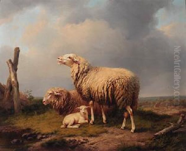 Sheep In A Meadow With A Shepherd And His Flock Oil Painting by Eugene Joseph Verboeckhoven