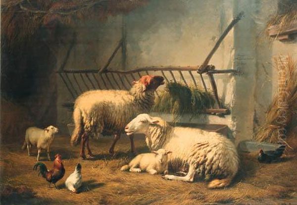 Sheep In A Stable Oil Painting by Eugene Joseph Verboeckhoven