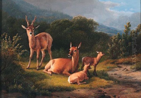 Deer In A Wooded Landscape Oil Painting by Eugene Joseph Verboeckhoven