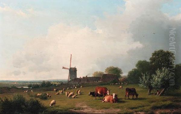 A Panoramic Summer Landscape With Cattle Grazing In A Meadow By Awindmill Oil Painting by Eugene Joseph Verboeckhoven