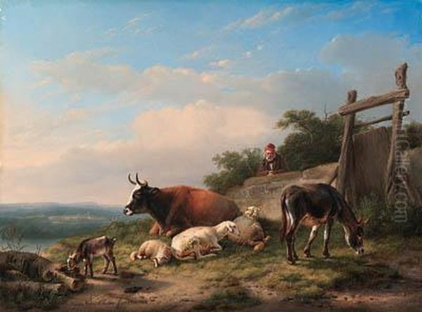 A Farmer Tending His Animals Oil Painting by Eugene Joseph Verboeckhoven