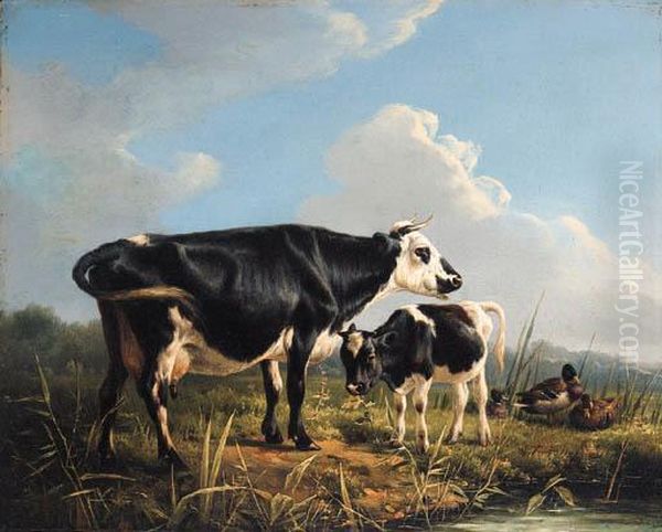 Cows And Ducks Beside A Pond Oil Painting by Eugene Joseph Verboeckhoven