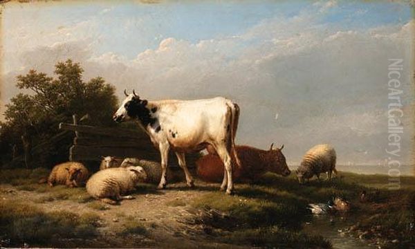 Cows And Sheep In A Landscape Oil Painting by Eugene Joseph Verboeckhoven