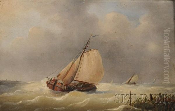 A Dutch Barge Running For Shelter Oil Painting by Louis Verboeckhoven