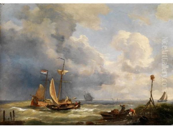 Segelboote Am Sturmisch Bewegtenuferwasser Der Kuste Oil Painting by Louis Verboeckhoven