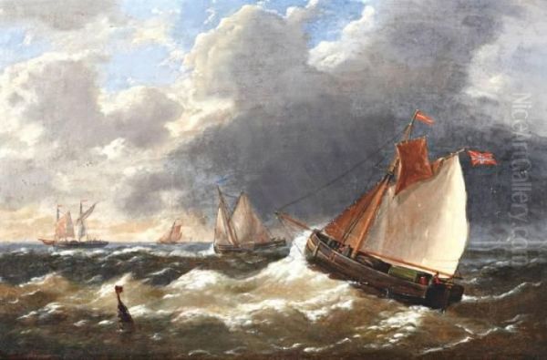 Zeilschepen Voor De Kust Oil Painting by Louis Verboeckhoven