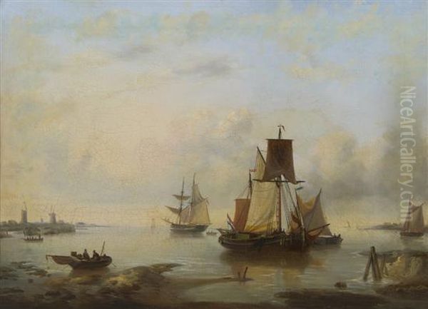 Ships In The Dutch Harbor Oil Painting by Louis Verboeckhoven