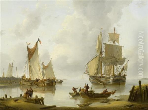 Sailing Boats Near A Beach Oil Painting by Louis Verboeckhoven