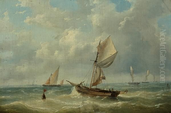 Boats In Choppy Seas Oil Painting by Louis Verboeckhoven