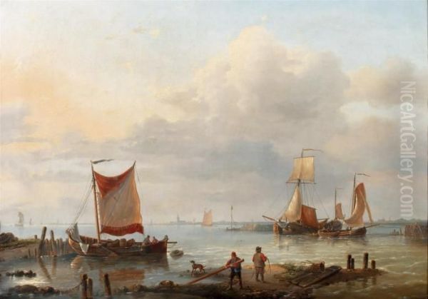 Fishermen At The Harbour Entrance Oil Painting by Louis Verboeckhoven