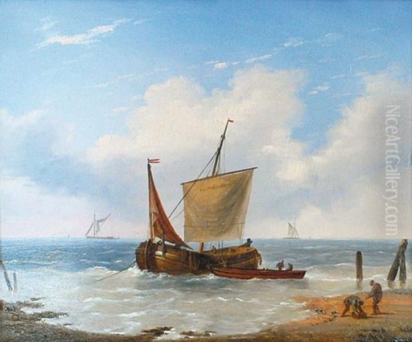 Bateau De Peche En Bord De Plage. Oil Painting by Louis Verboeckhoven