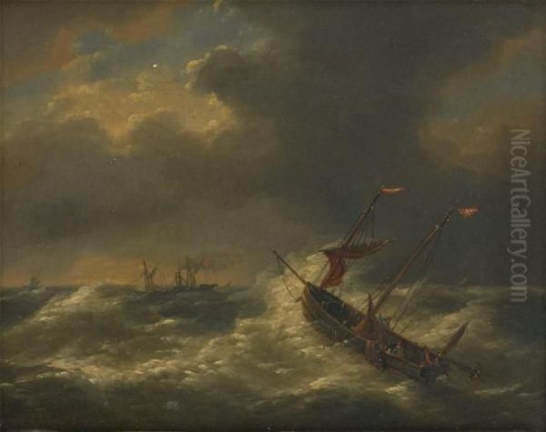 Bateau De Peche Et Vapeur Par Gros Temps Oil Painting by Louis Verboeckhoven