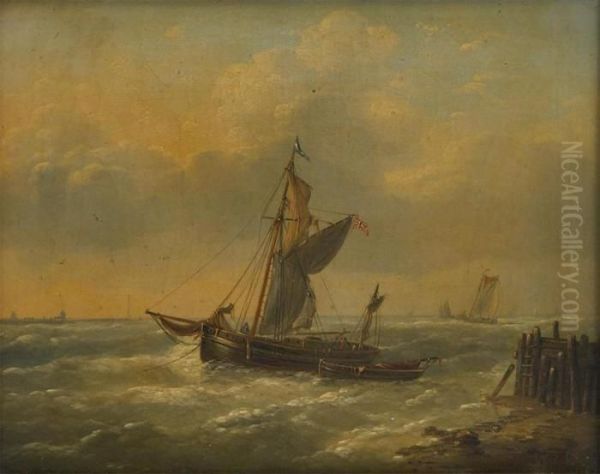 Barque De Peche Sur Fond De Ville Portuaire Oil Painting by Louis Verboeckhoven