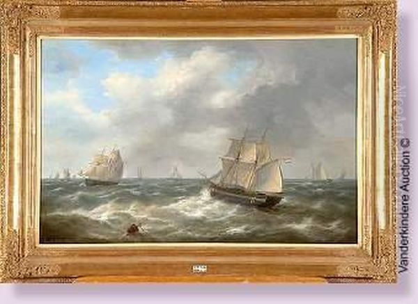 Bateaux Sur Une Mer Agitee Oil Painting by Louis Verboeckhoven