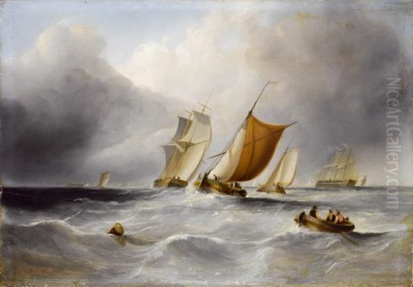 Segelschiffe Und Ruderboot In Sturmischer See Oil Painting by Louis Verboeckhoven