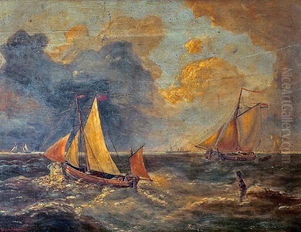 Fishing Boats In Choppy Seas Oil Painting by Louis Verboeckhoven