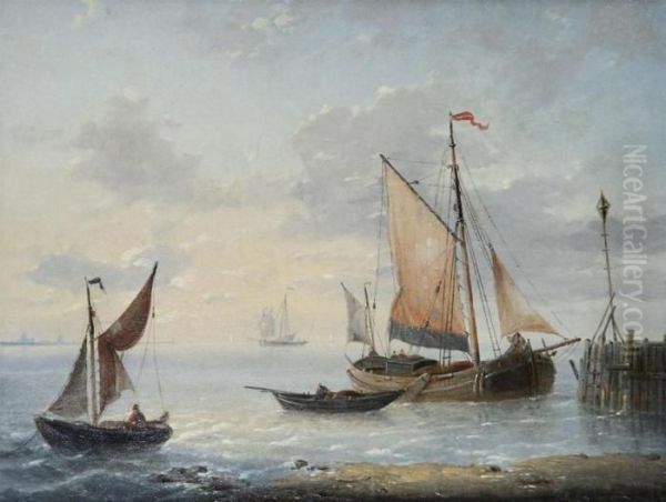 Marine With Yachts Near The Stockade Oil Painting by Louis Verboeckhoven