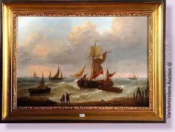 Bateaux De Peche Pres De La Cote Animee Oil Painting by Louis Verboeckhoven