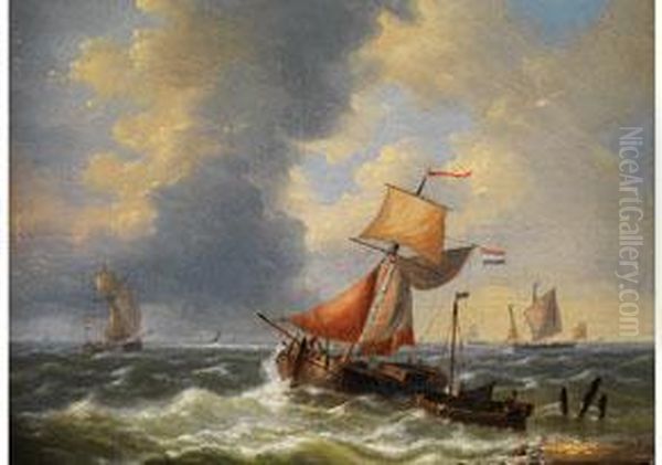 Segelschiffe Auf Bewegtem Meer Oil Painting by Louis Verboeckhoven