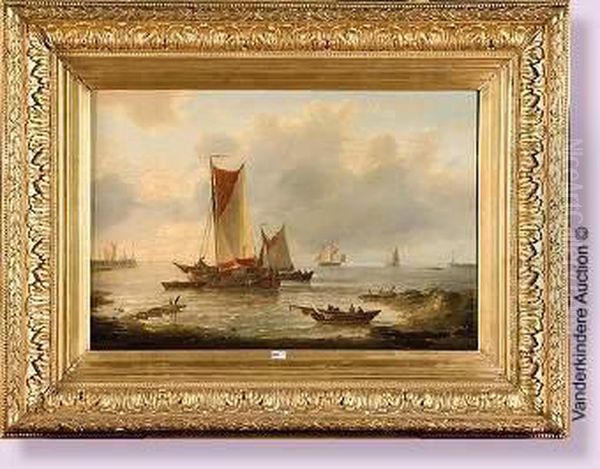 Bateaux De Peche Pres Du Rivage Oil Painting by Louis Verboeckhoven