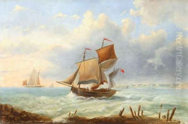 Circle Marine With Yachts Near The Coast Oil Painting by Louis Verboeckhoven