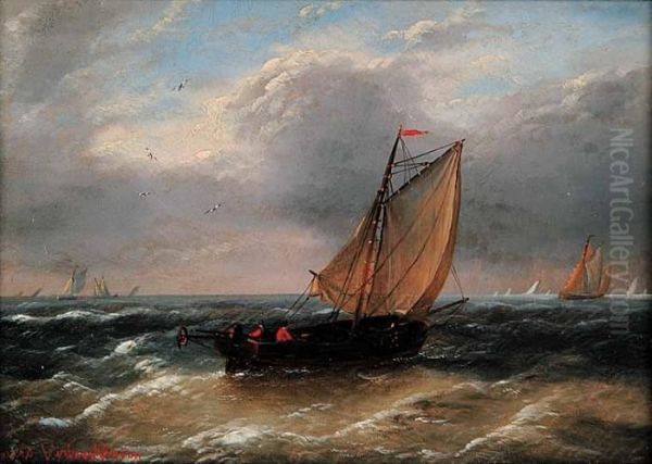 Untitled - Sailing Ship On Stormy Day Oil Painting by Louis Verboeckhoven