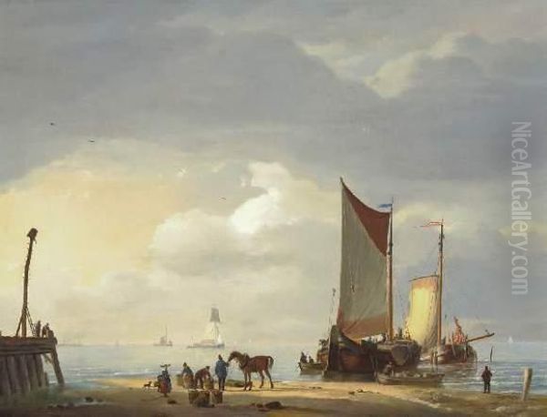 Activites Portuaires Pres De L'embouchure Oil Painting by Louis Verboeckhoven