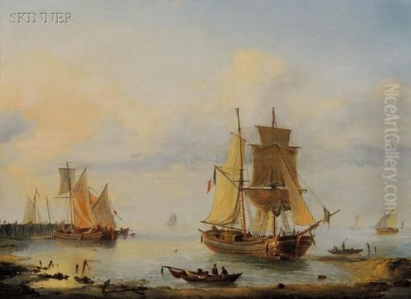 Busy Harbor Oil Painting by Louis Verboeckhoven