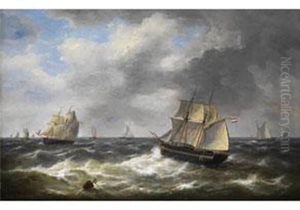 Segelschiffe Auf Hoher See Oil Painting by Louis Verboeckhoven