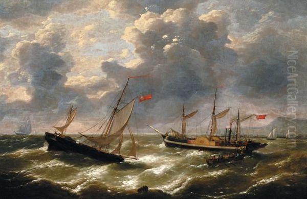 Steamboat And Sailingboat Oil Painting by Louis Verboeckhoven