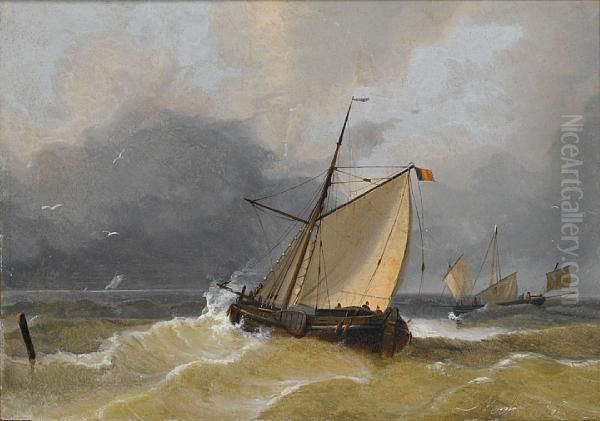 A Belgian Tjalk Running Out To Sea Against Thetide Oil Painting by Louis Verboeckhoven