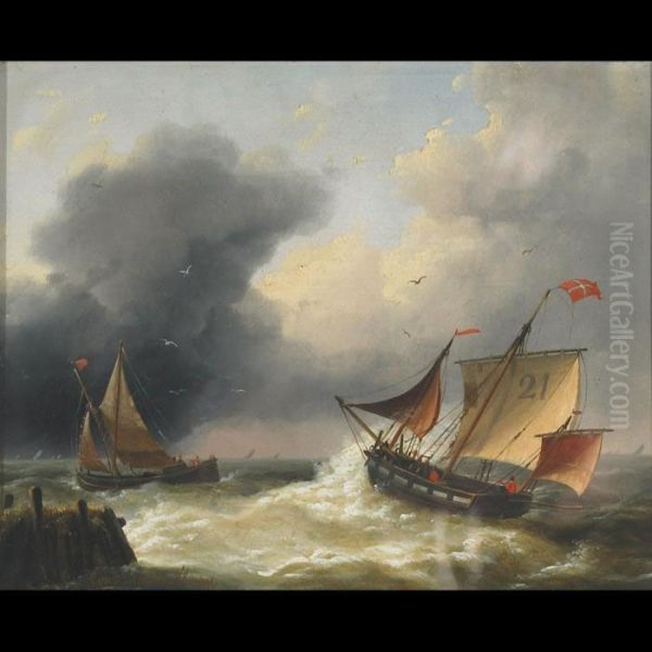 Shipping Off Shore In Stiff Breeze Oil Painting by Louis Verboeckhoven