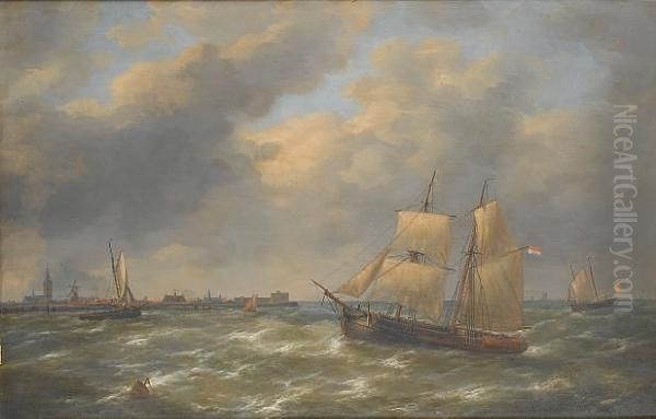 Sailing On A Choppy Sea Oil Painting by Louis Verboeckhoven