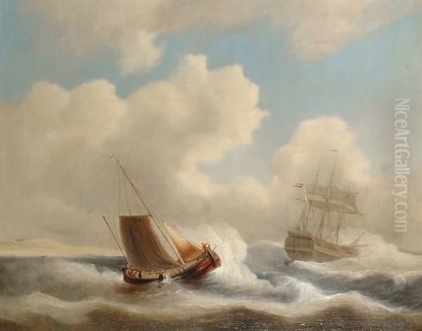 Ships At Sea Oil Painting by Louis Verboeckhoven