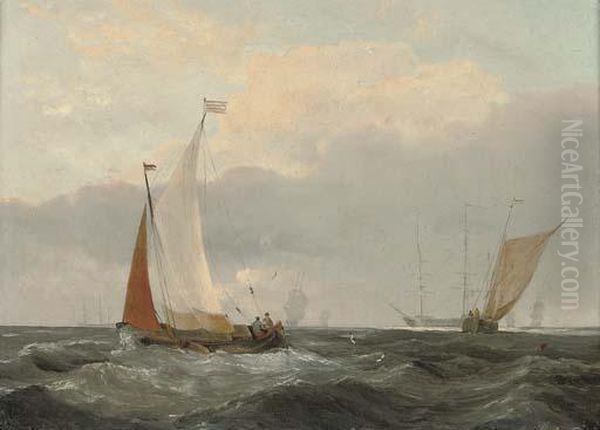 Barges At Sea With A Frigate Anchored Beyond Oil Painting by Louis Verboeckhoven