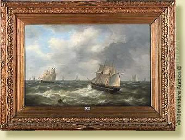 Voiliers Hollandais Sur Une Mer Demontee Oil Painting by Louis Verboeckhoven