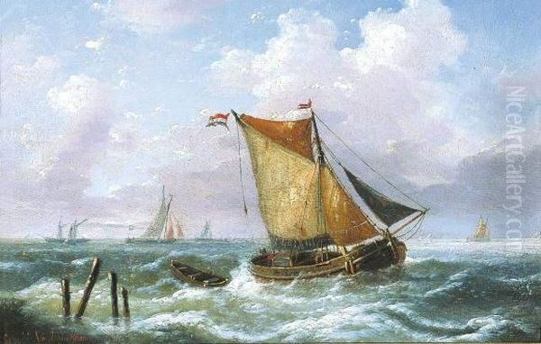 Marine Met Zeilboten Oil Painting by Louis Verboeckhoven