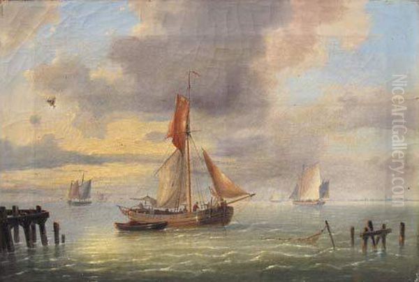 Marine Met Zeilboten Oil Painting by Louis Verboeckhoven