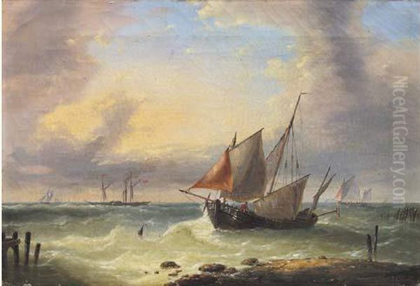 Marine Met Zeilboten En Stoomschip Oil Painting by Louis Verboeckhoven