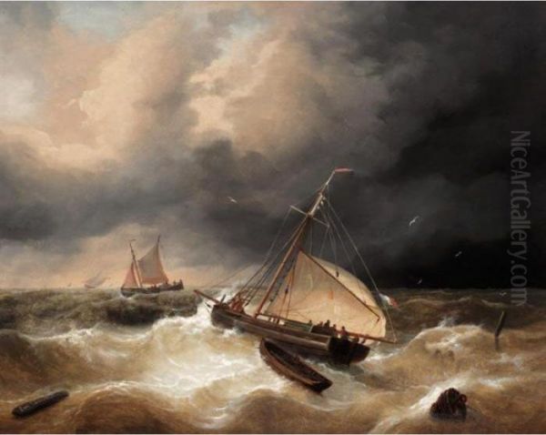 A French Fishing Boat In Rough Seas Oil Painting by Louis Verboeckhoven