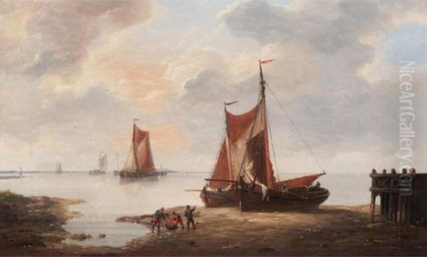 Fishermen In A Harbour Oil Painting by Louis Verboeckhoven