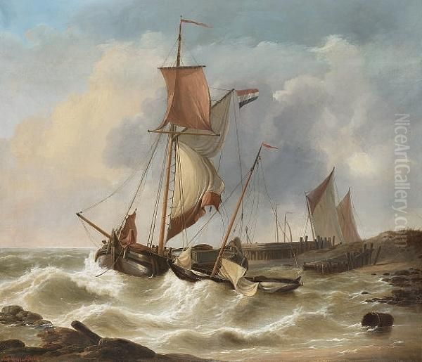 Boats In A Stiff Breeze Oil Painting by Louis Verboeckhoven