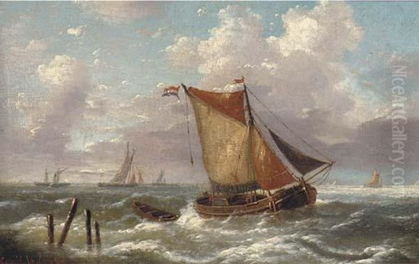 A Dutch Smalschip Running Into The Estuary Oil Painting by Louis Verboeckhoven